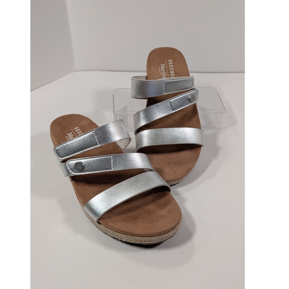 Skechers Martha Stewart Silver Metallic Espadrille Platform Slide Sandals 7